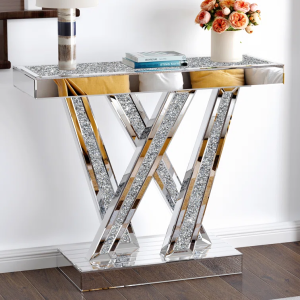 Glass Living Console Table Room Mirrored Furniture Crushed Diamond Shape