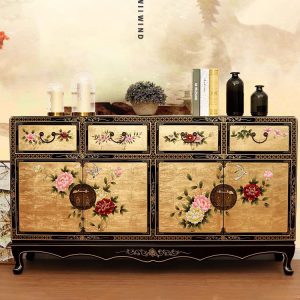 Vintage Gold Wood Living Cabinet Console Leaf Sideboard Painted