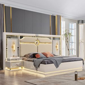 Contemporary Wood Leather Home Bedroom Frame Bed Set Double King