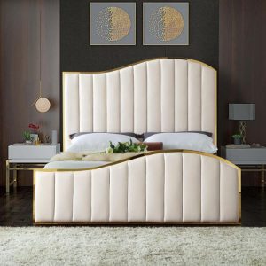 Gold Metal Bed Frame Royalty Velvet Upholstered Stylish Rich